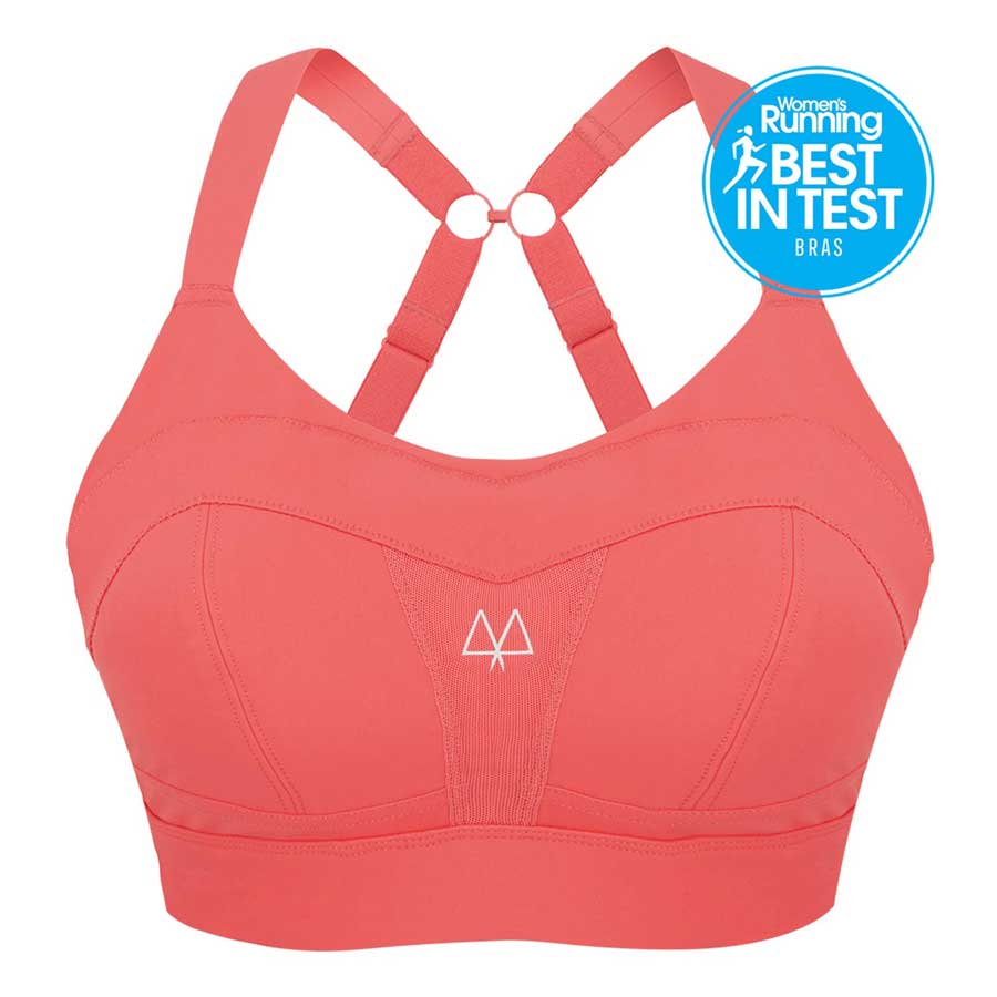 MAAREE Solidarity High Impact Sports Bra in Coral featuring Overband Technology, and showing the Womens Running Best in Test logo.