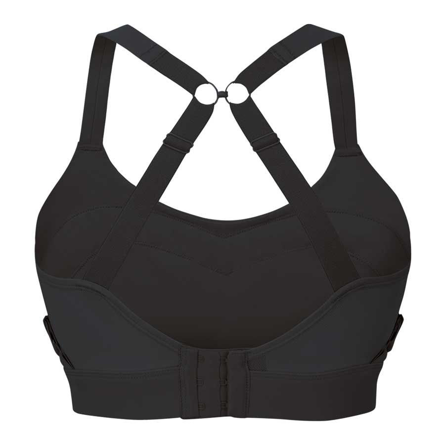 The rear of MAAREE Black High-Impact Solidarity Sports Bra, Best for High Support Sports such as Running and High-Impact Gym Workouts, showing the Racerback Back and Hook and Eye Clasp